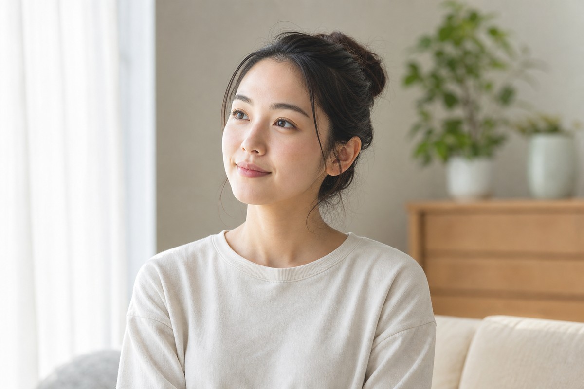 朝の光の中で前向きな表情の日本人女性