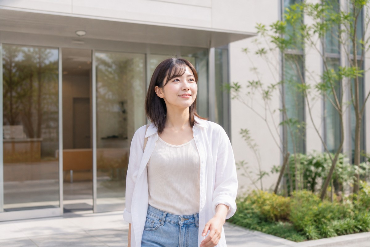 明るい表情で皮膚科を後にする日本人女性
