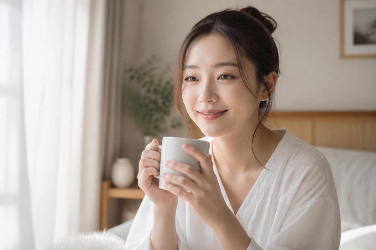 朝の光の中で穏やかに微笑む日本人女性