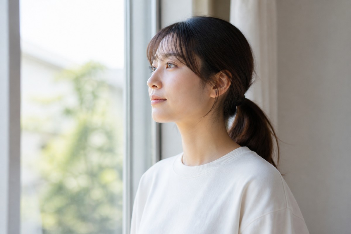 窓辺で前向きに考える日本人女性
