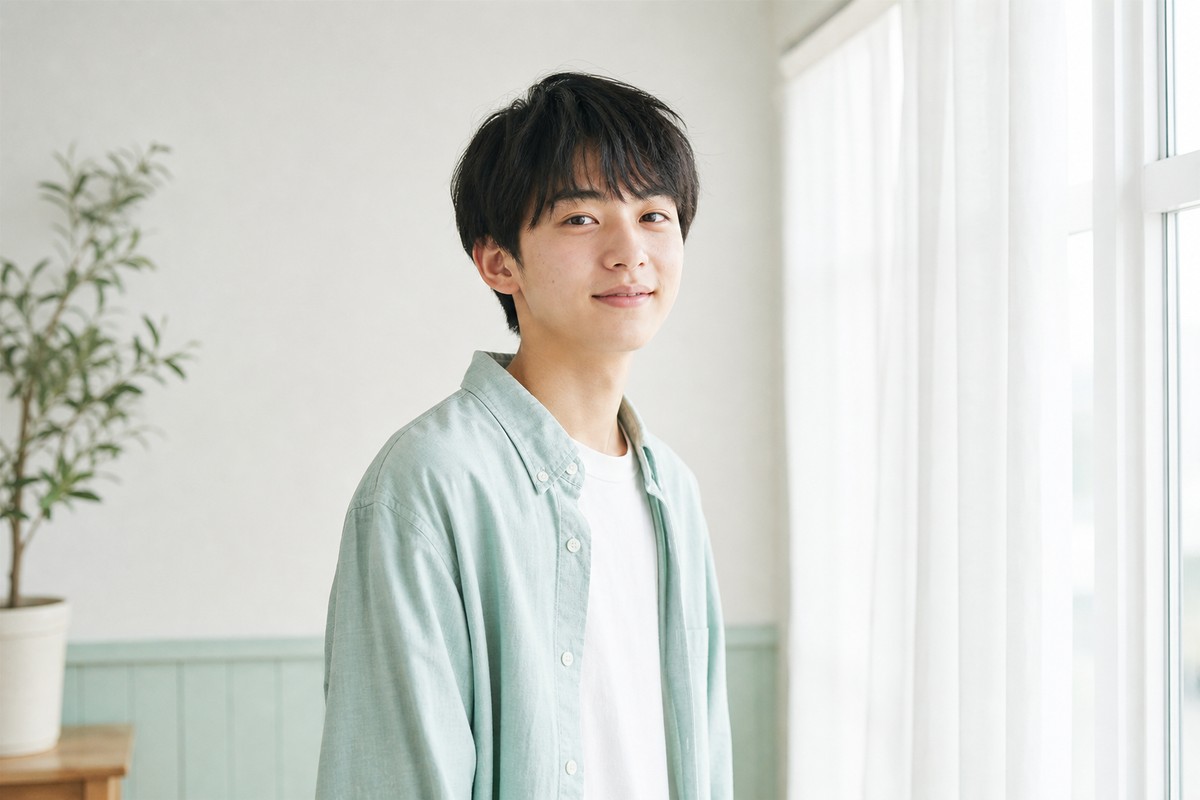 朝の光の中でスキンケアを終えた学生