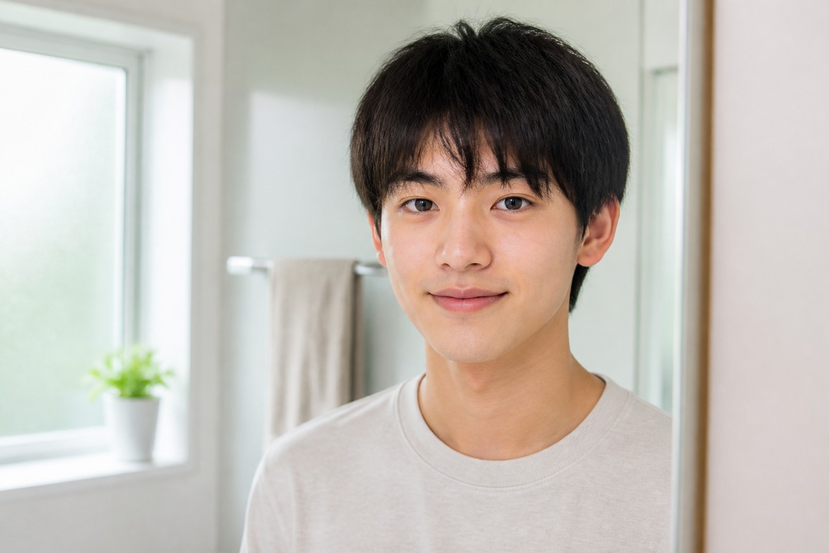 朝の洗面台で洗顔を終えた学生