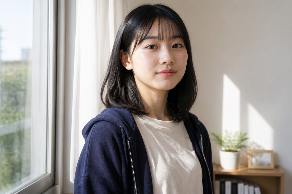 朝の光の中で前向きな表情の学生