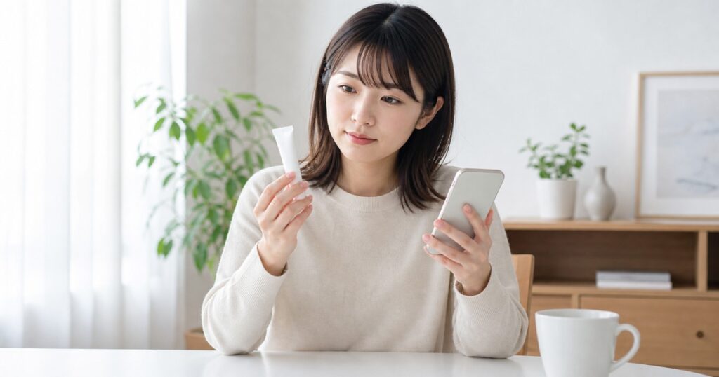 処方された塗り薬について調べる日本人女性