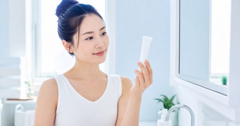 処方されたニキビの塗り薬を確かめる日本人女性