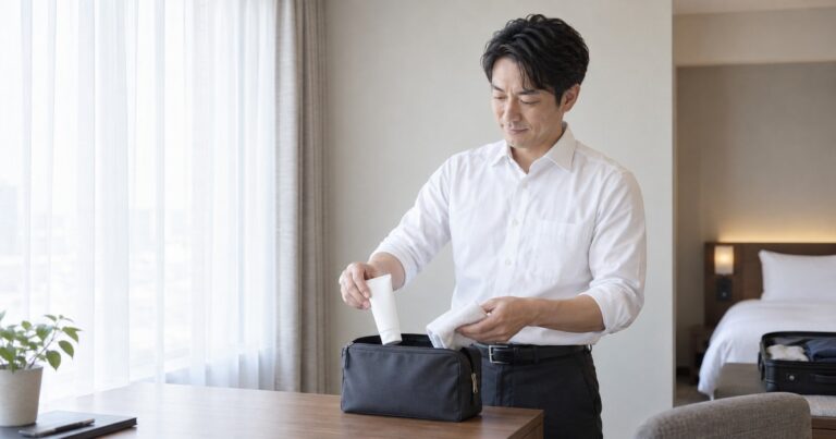 出張先のホテルの部屋で、朝の光の中、デスクの上の旅行用ポーチに洗顔チューブとタオルをしまう40代の日本人男性