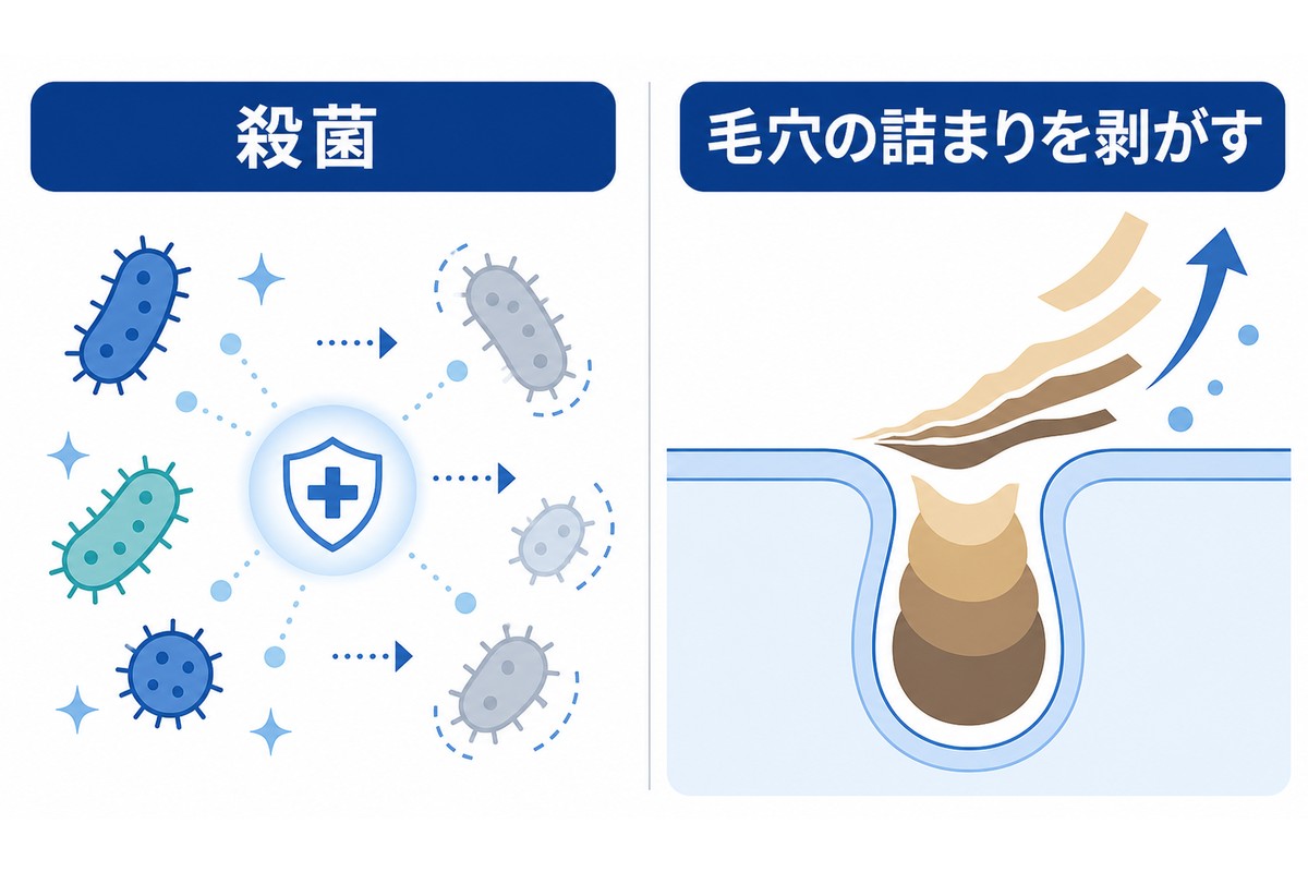 殺菌作用と角層剥離作用の2つの働きを示す図解