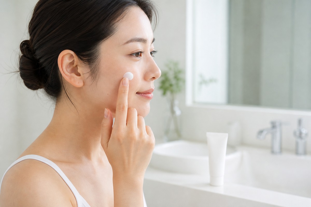 洗顔後に薬を塗る手元