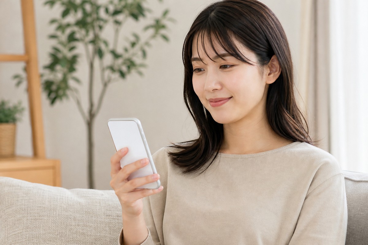 疑問が解決して安心した表情の日本人女性