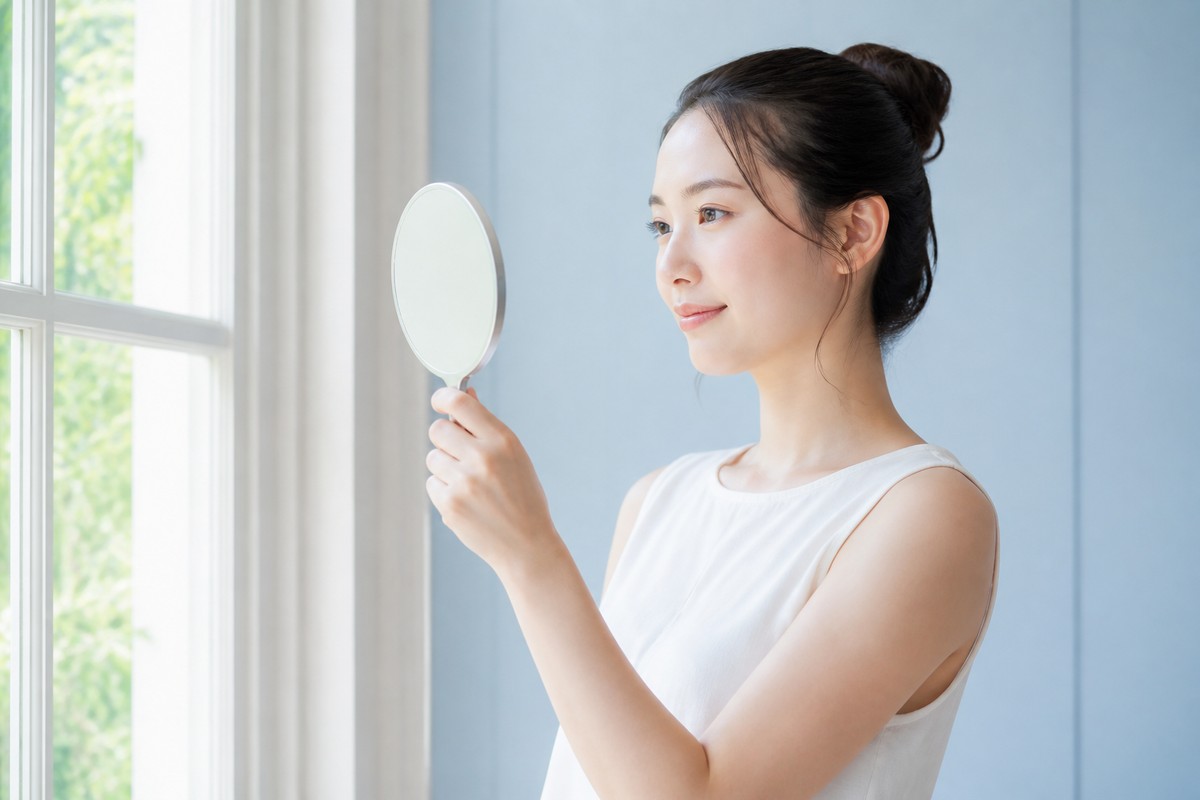 落ち着いた表情で鏡を見る日本人女性
