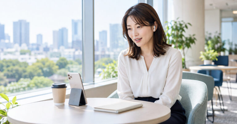 昼休みにオフィスの休憩スペースで、スマホのビデオ通話でオンライン診療を受ける30代の女性