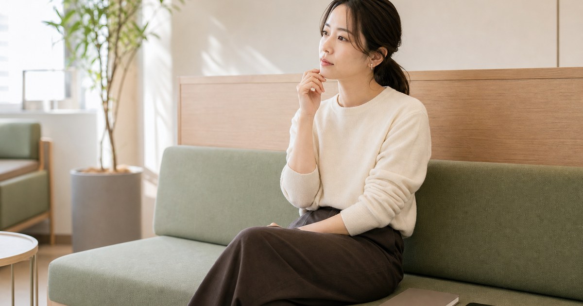 皮膚科の待合室で受診を考える日本人女性
