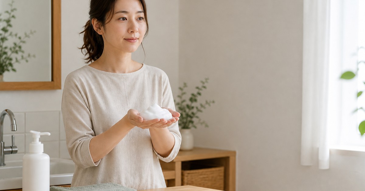 洗顔前にきめ細かな泡を両手で準備する日本人女性