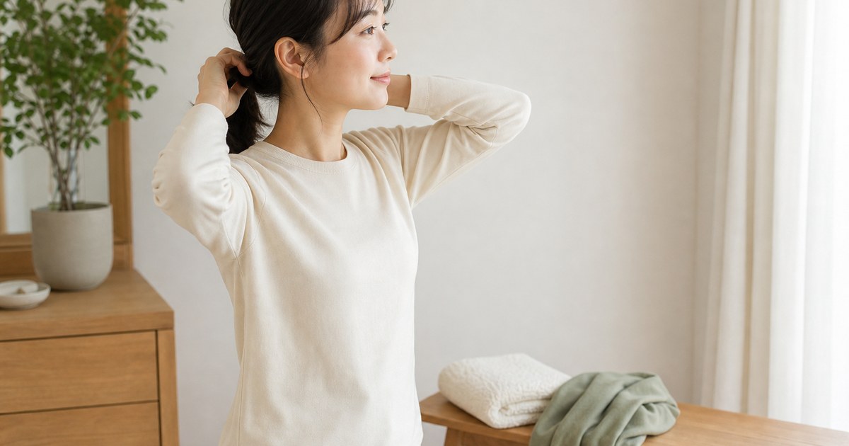 朝の支度で髪をまとめる自然な日本人女性