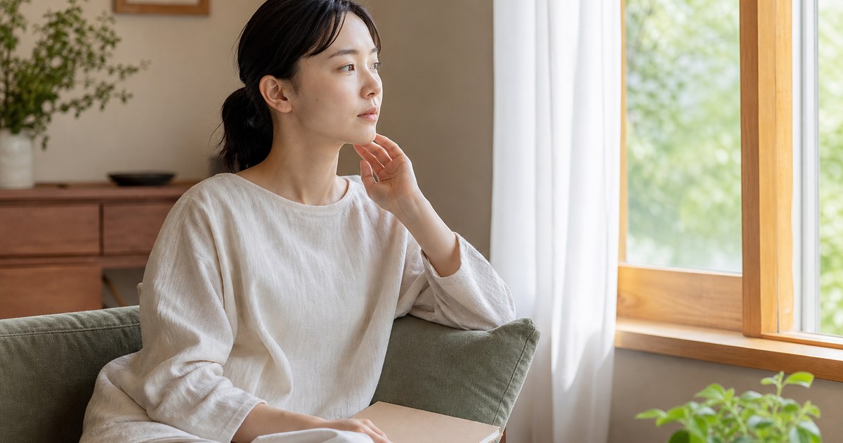 色素沈着の悩みと向き合いながら窓辺で過ごす日本人女性