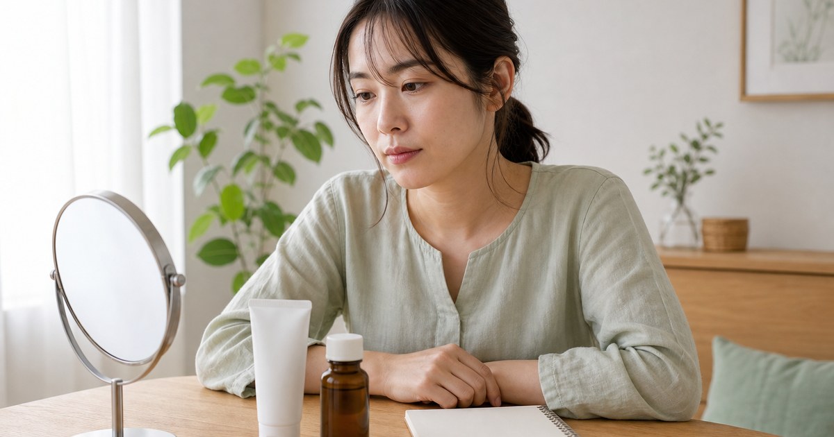 鏡と無地の薬を前に効果を見直す日本人女性