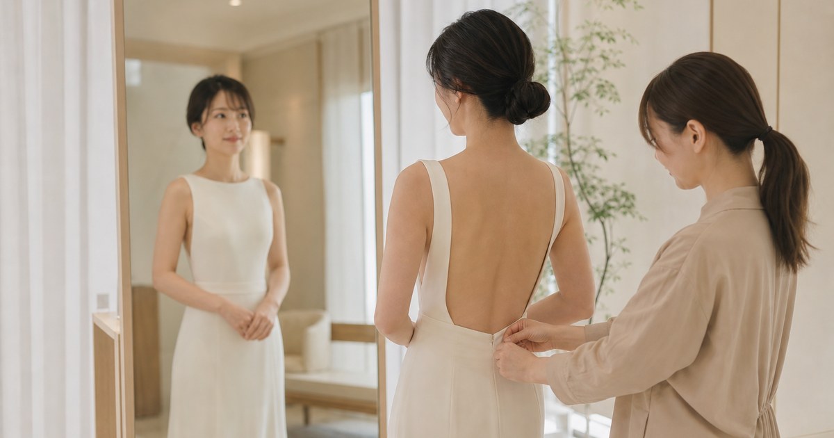 ウェディングドレス試着で背中を確認する日本人女性とスタッフ