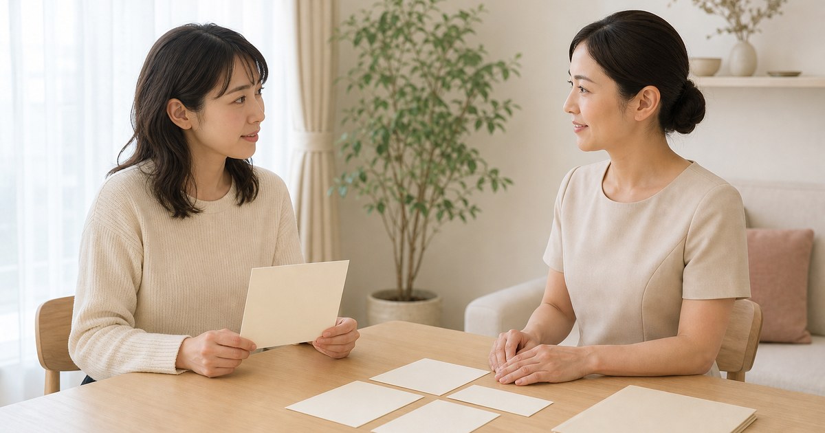 ハーブピーリングの回数・料金・通い方を無地カードで相談する日本人女性