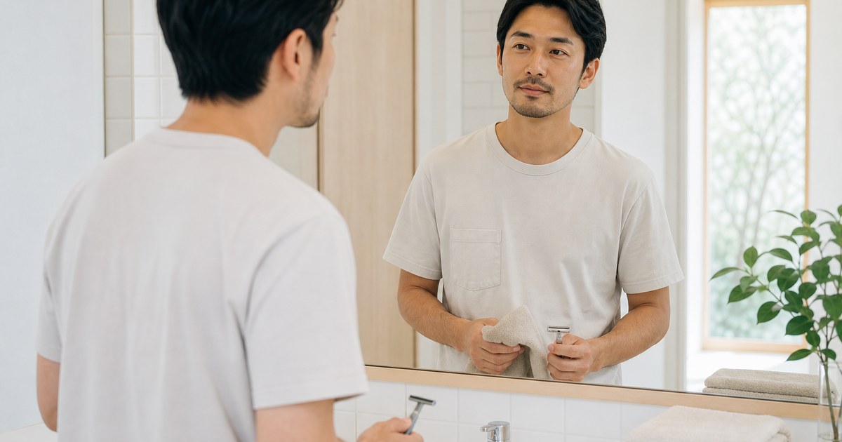 洗面所で無地のカミソリとタオルを持ちケアを考える日本人男性