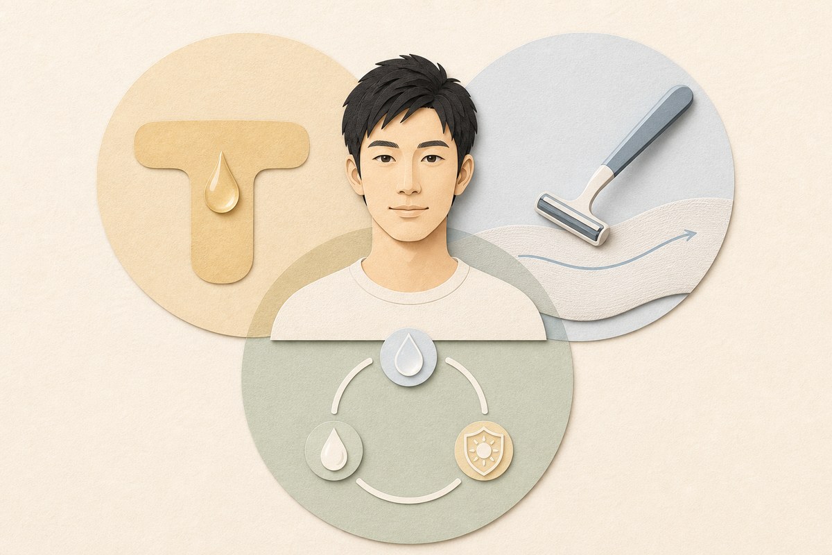 男性の皮脂・髭剃り摩擦・ケア習慣の3要因を示す図解