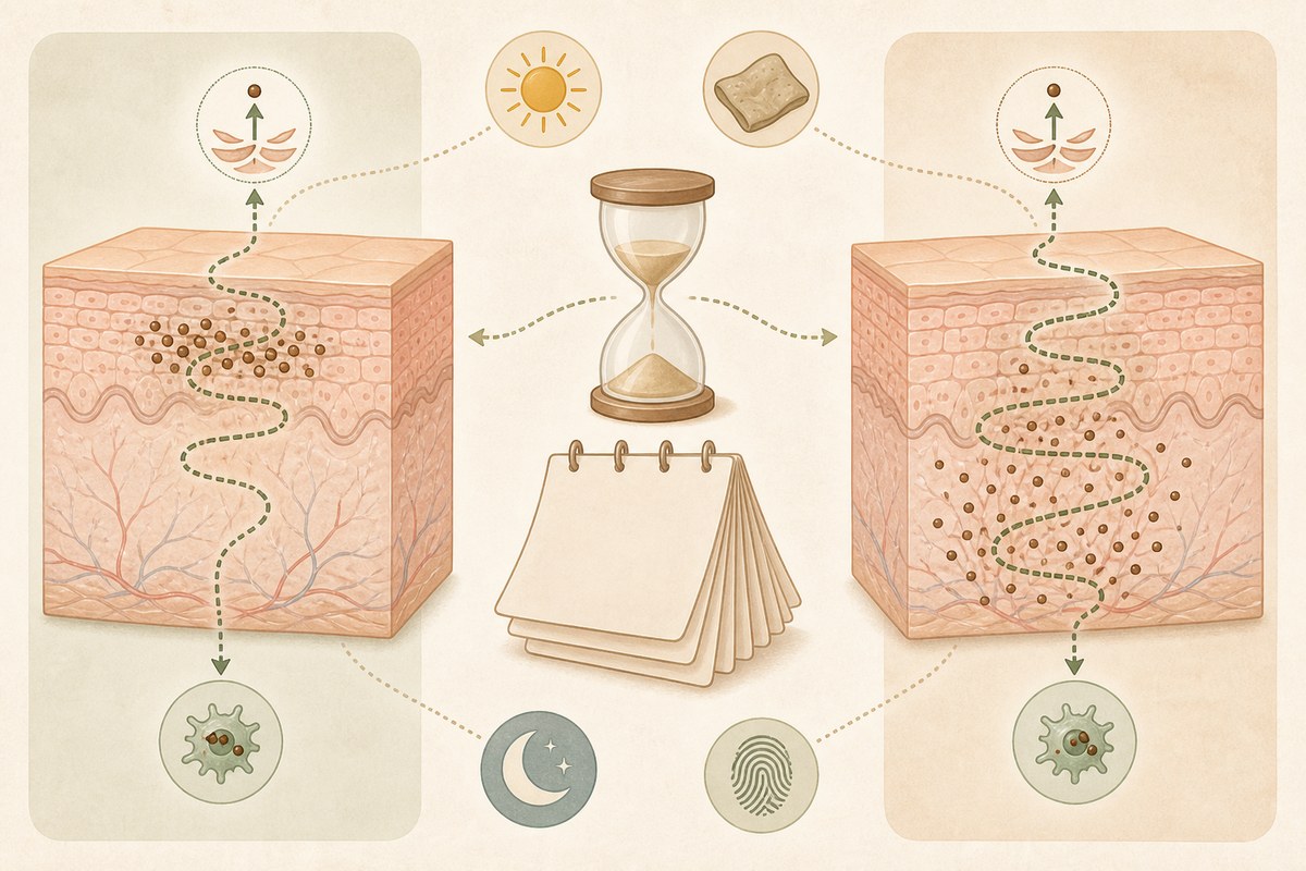 色素の深さによって薄くなるまでの時間が異なることを示す図解