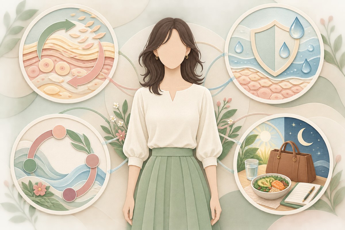 肌の更新・うるおい・周期・生活リズムが重なる30代の要因図