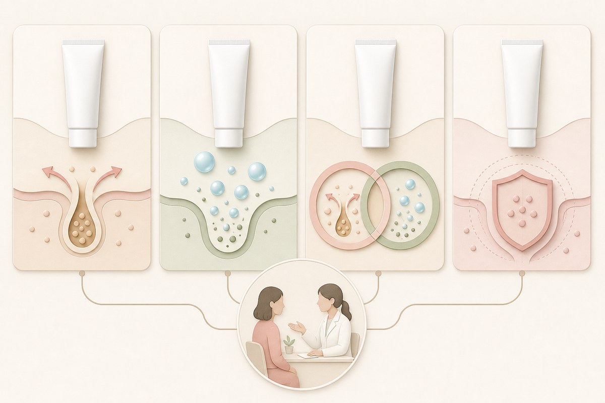 皮膚科で使われる4系統のニキビ外用薬と作用を示す図