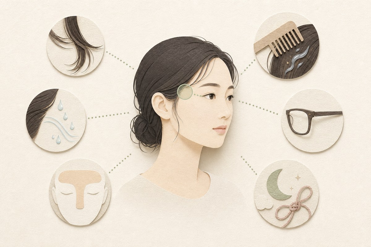 髪・すすぎ・皮脂・メガネ・生活リズムがこめかみに重なる原因マップ