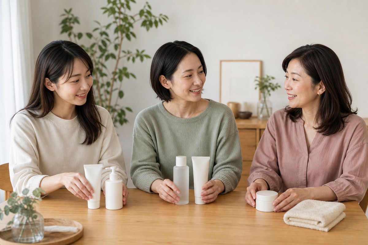 20代・30代・40代の別々の日本人女性が無地のスキンケアを話し合う様子