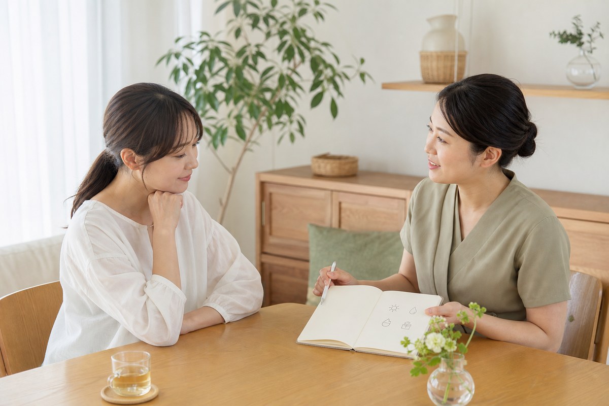 ニキビ専門サロンで生活習慣と肌環境の相談をする女性