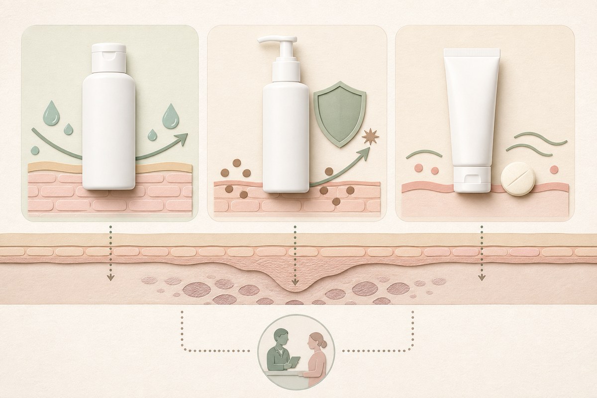 化粧品・医薬部外品・市販薬の役割と深い凹みへの限界を示す図