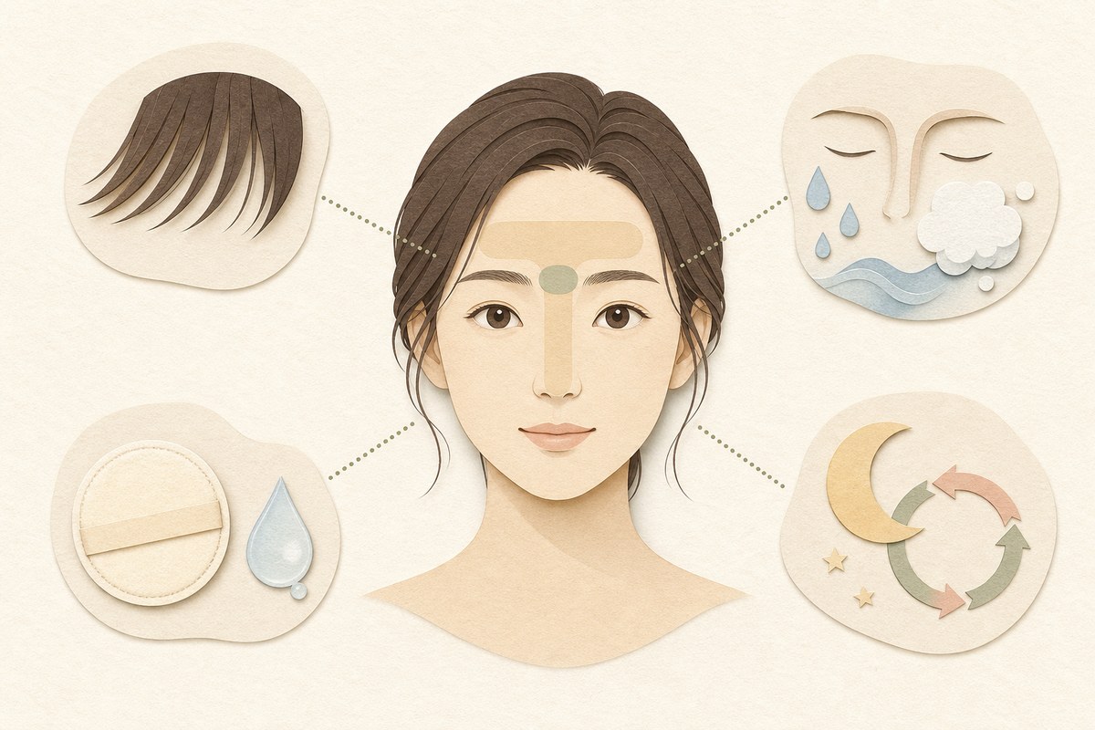 Tゾーンの皮脂・前髪・すすぎ残し・生活リズムが眉間に重なる図解