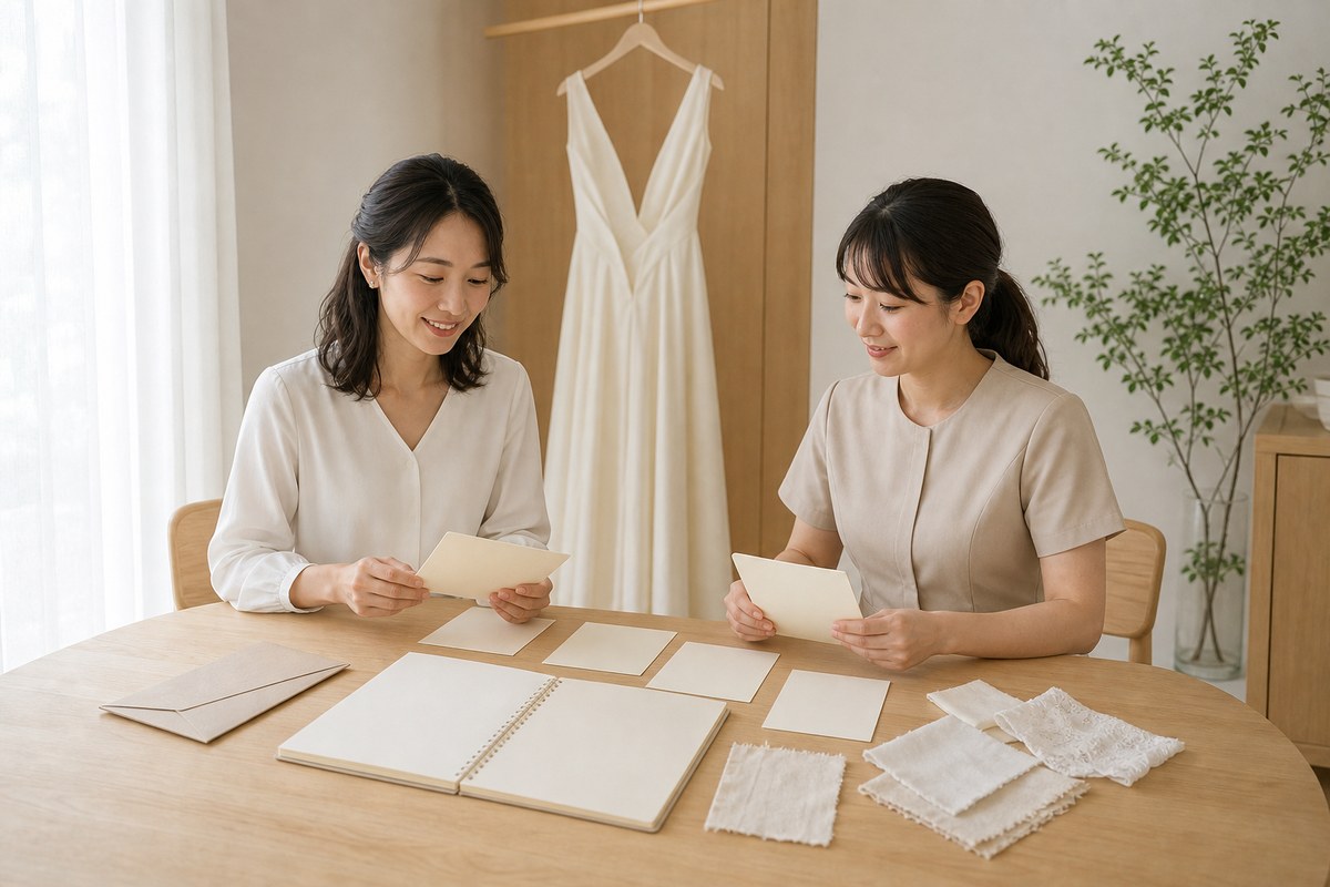 式まで時間がある時期に準備計画を相談する日本人女性