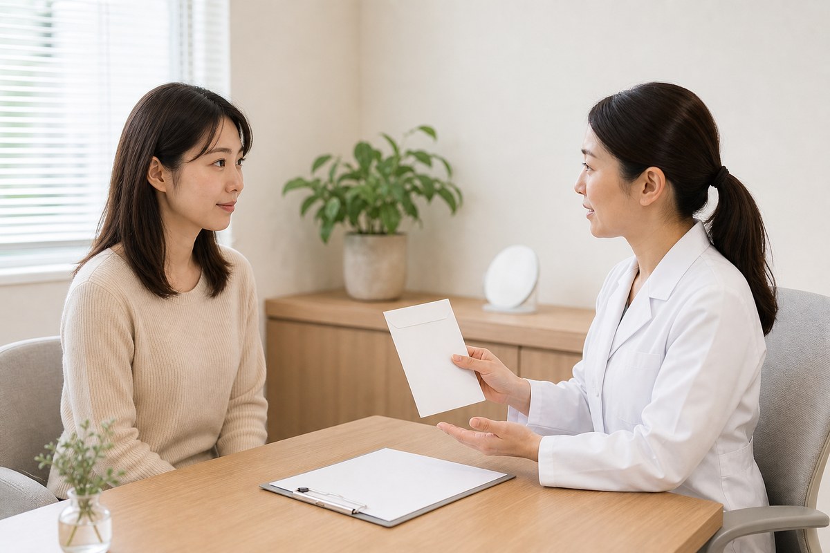 皮膚科で薬の選択と継続的なフォローについて説明を受ける日本人女性