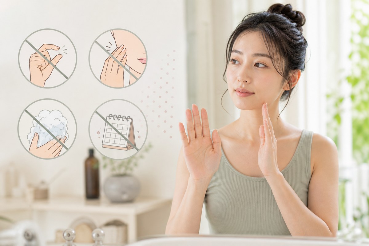 フェイスラインのニキビで避けたい行為を示す女性と注意アイコン