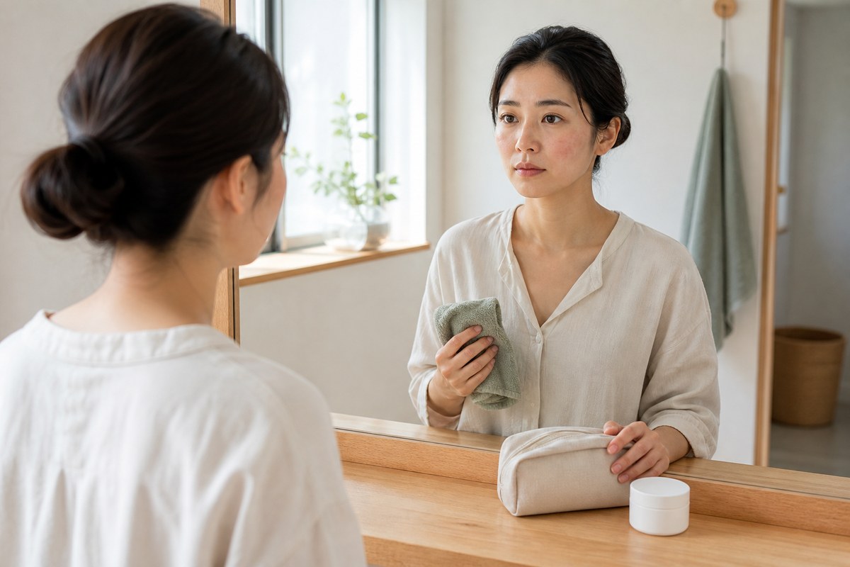 セルフケアを中止して軽い肌の違和感を確認する日本人女性