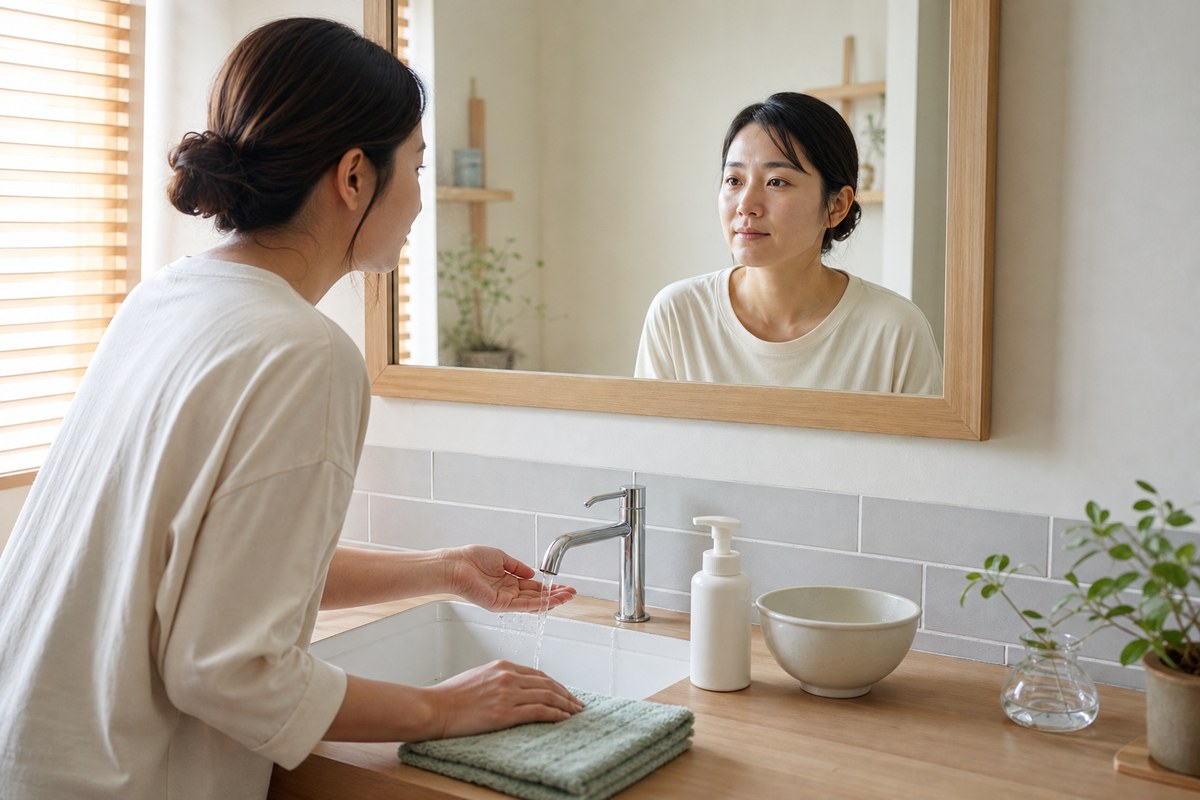 朝の肌状態を見ながらぬるま湯と洗顔料を使い分ける日本人女性