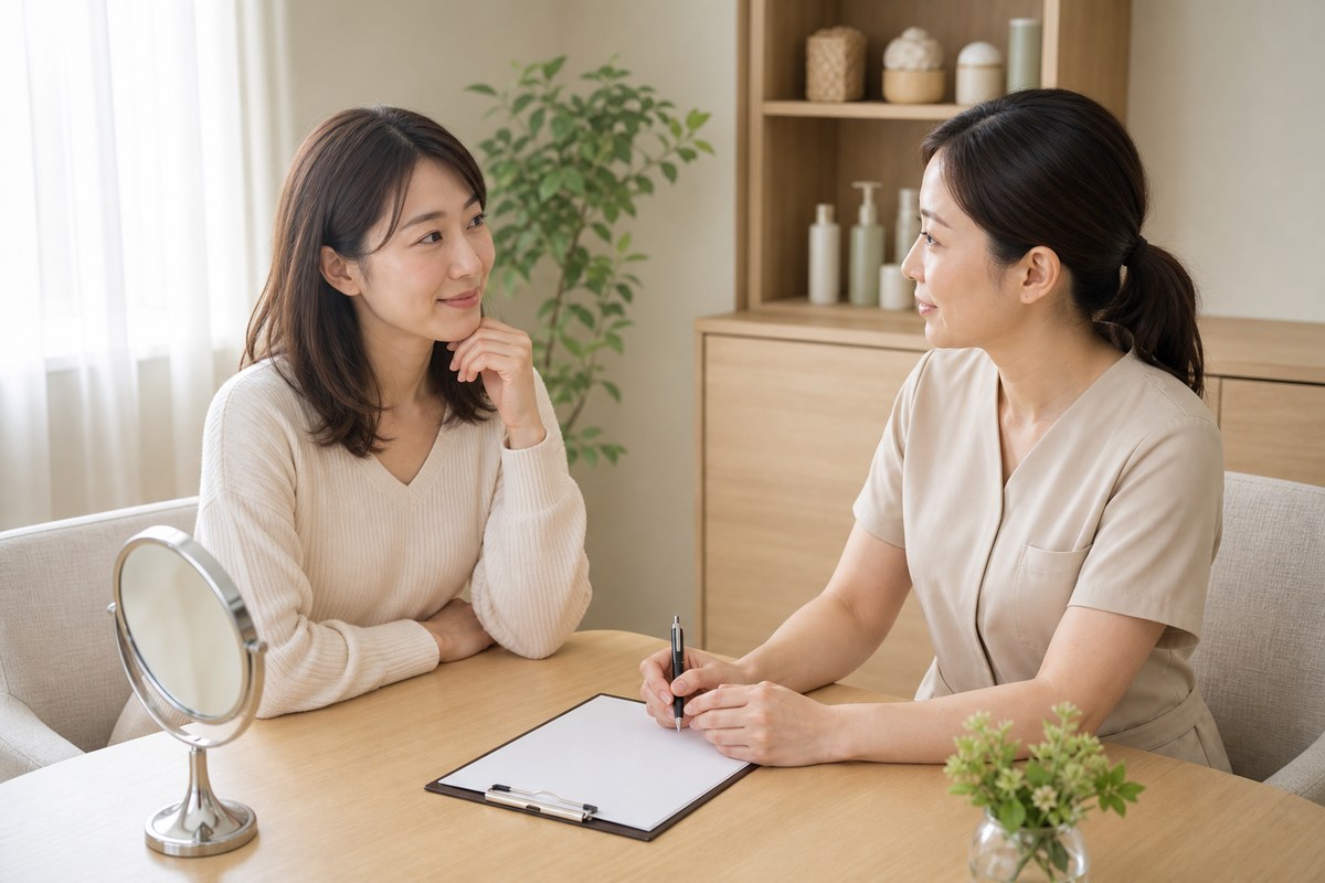 生活習慣を振り返りながら相談する女性とエステティシャン