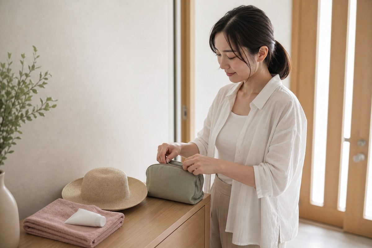 紫外線対策と保湿・刺激回避の準備をする日本人女性