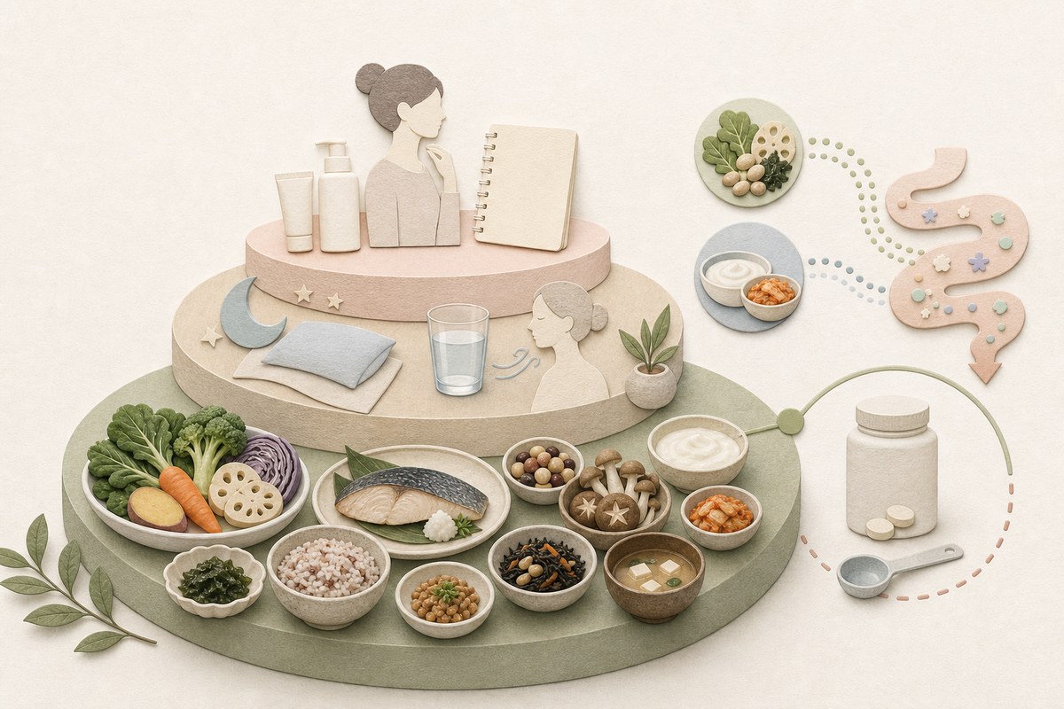 食事と生活を土台にサプリを補助として考える腸内環境の図