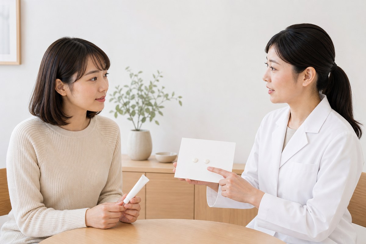 外用薬の刺激や使い方について医師に相談する日本人女性