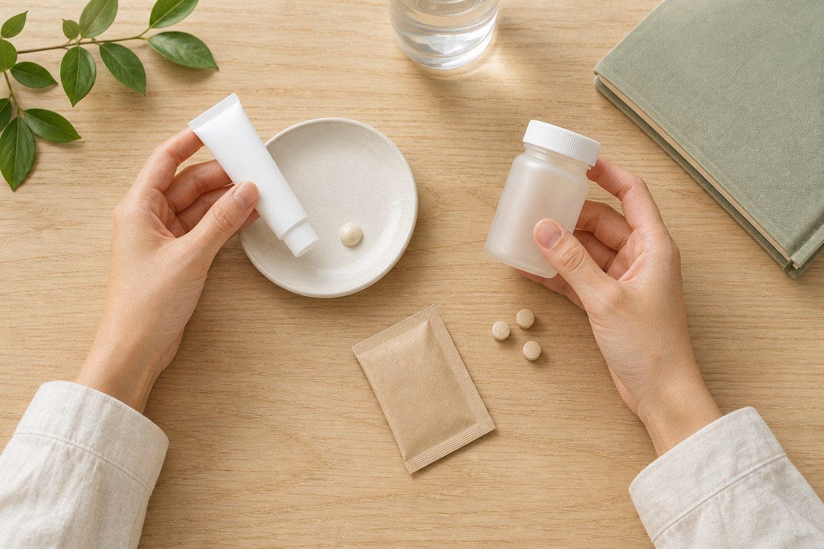 塗り薬と飲み薬の異なる役割を無地容器で比較する様子