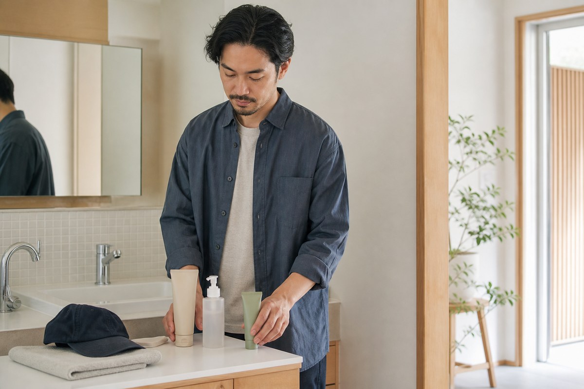 洗面所で無地の洗顔・保湿・紫外線対策用品を整える日本人男性