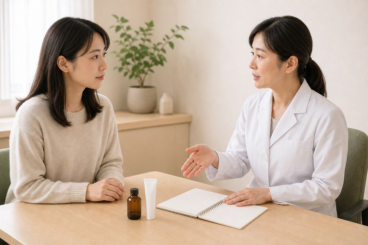 処方薬の使い方や期間を皮膚科医に相談する日本人女性