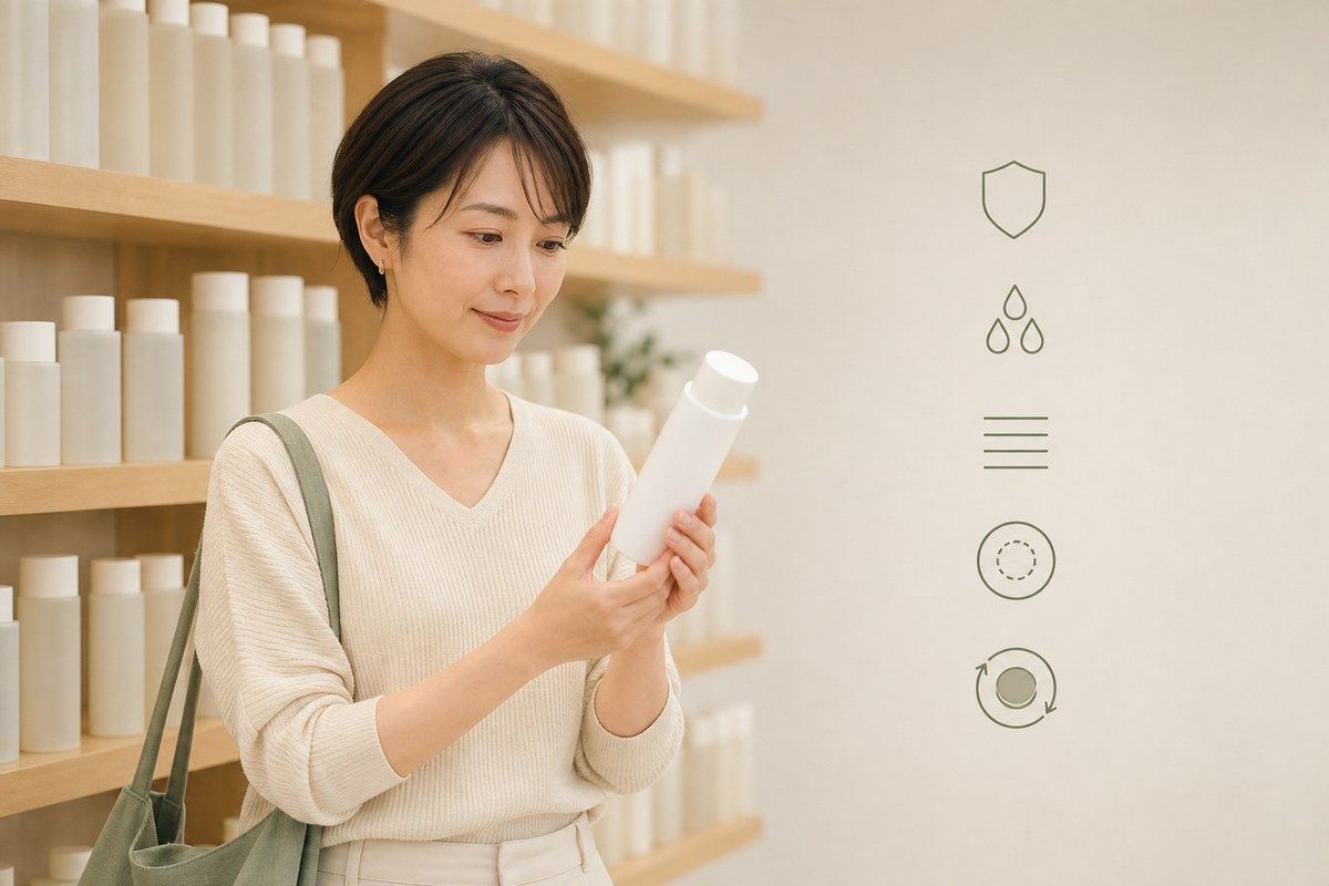 無地の化粧水容器を売場で確認する日本人女性