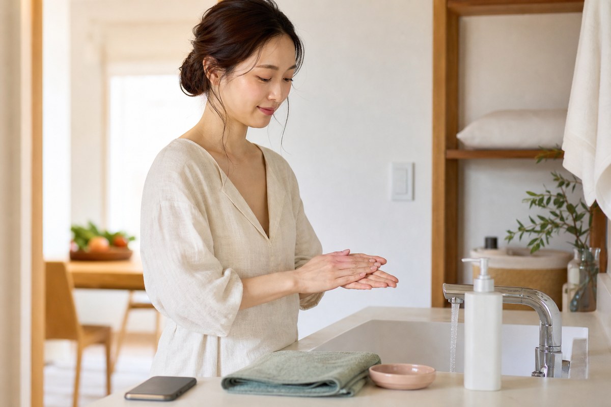 摩擦を避けながら保湿の準備をする日本人女性