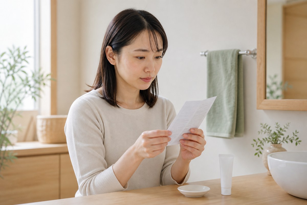 無地の市販薬と添付文書を確認する日本人女性