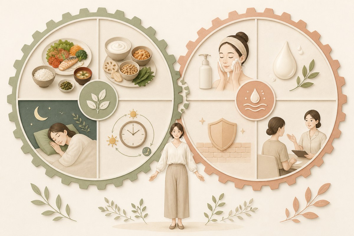 食事・腸・生活などの内側と洗顔・保湿・肌質などの外側を両輪で示す図