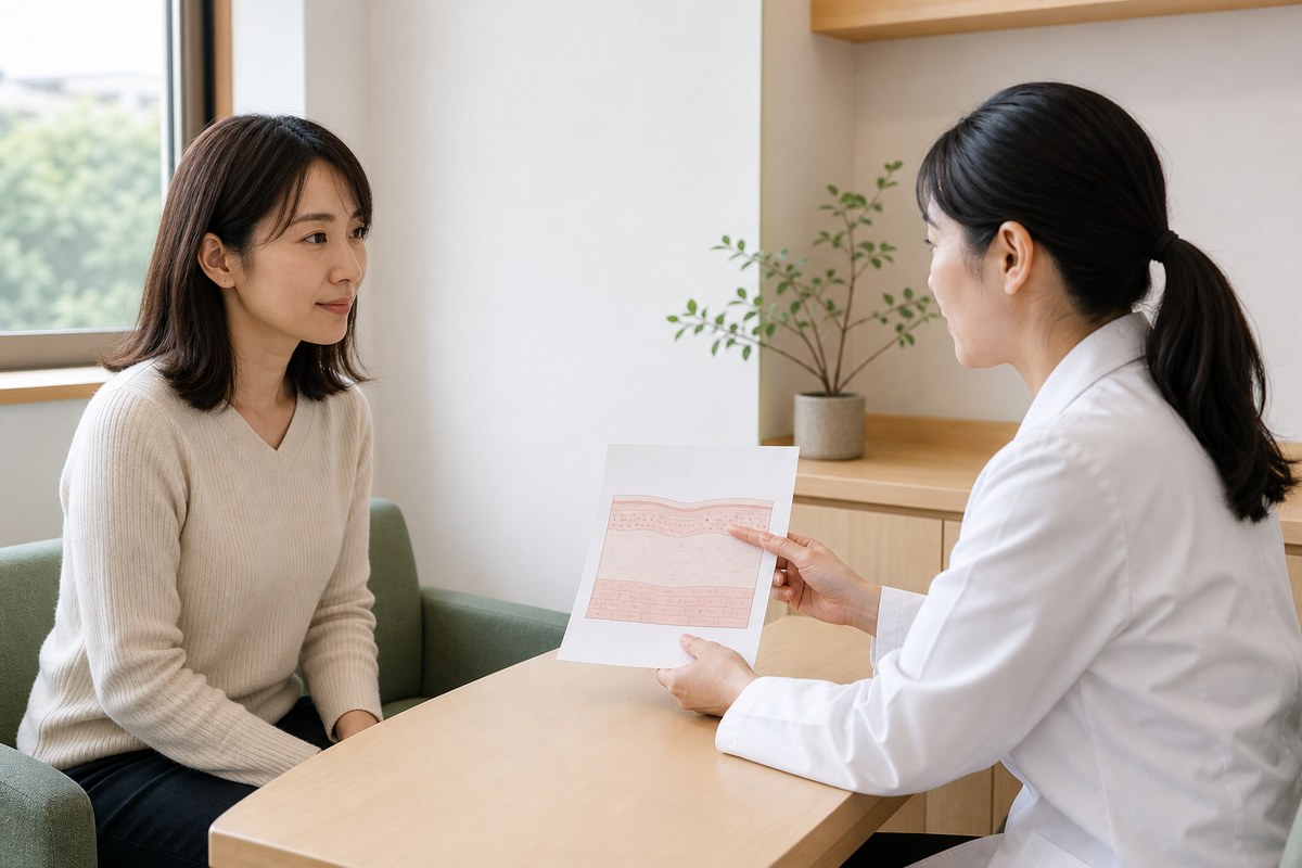 長引く色素沈着について皮膚科医に相談する日本人女性