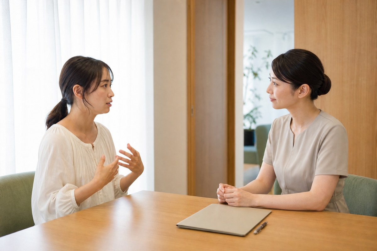 ニキビの悩みや勧誘への不安をサロンスタッフに相談する女性
